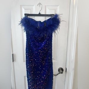 Blue sequin and feather tube top dress